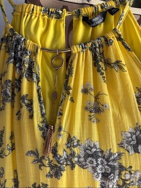 Mlle Gabrielle Yellow Floral Halter Maxi Dress with Gold Accent